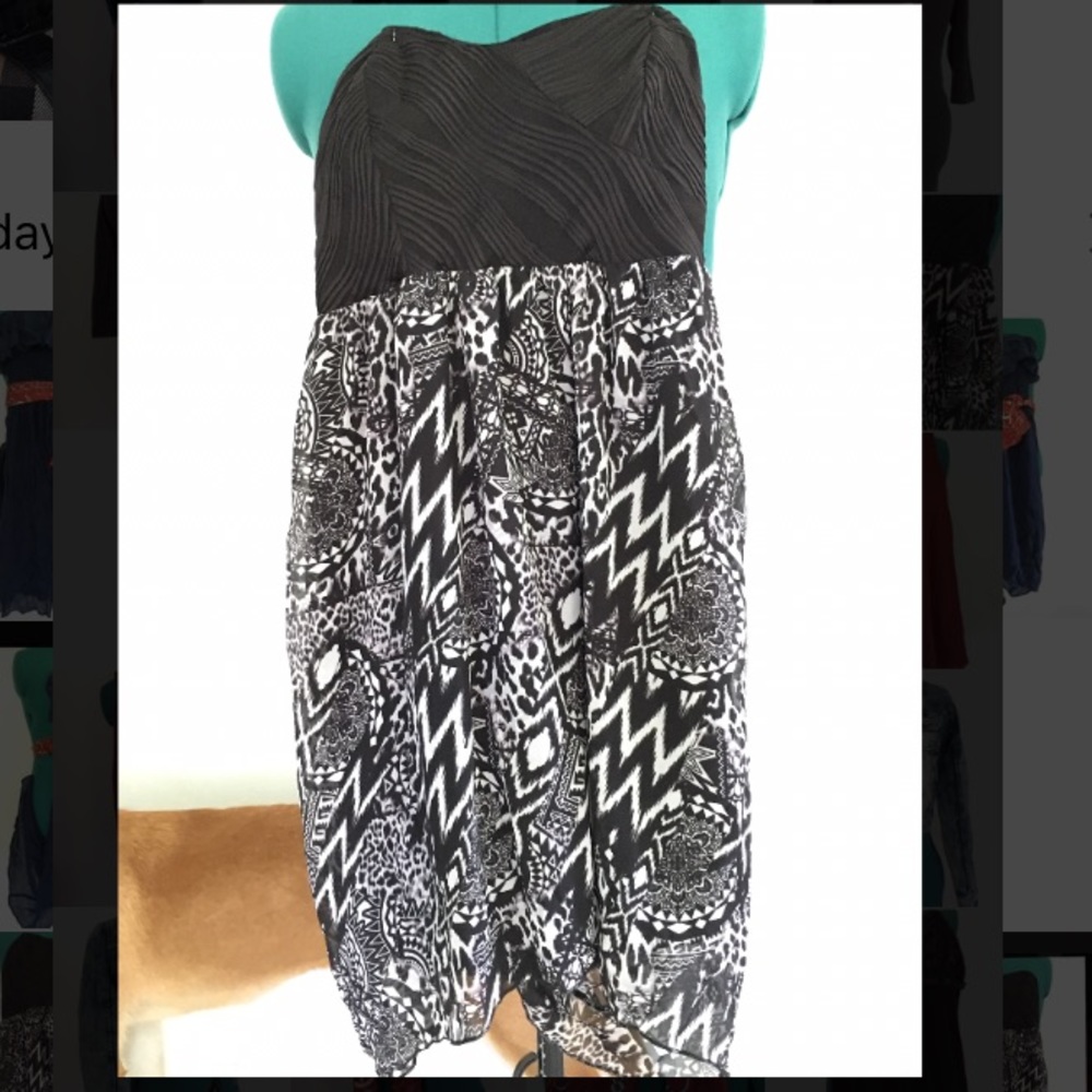 Black patterned high low, strapless dress